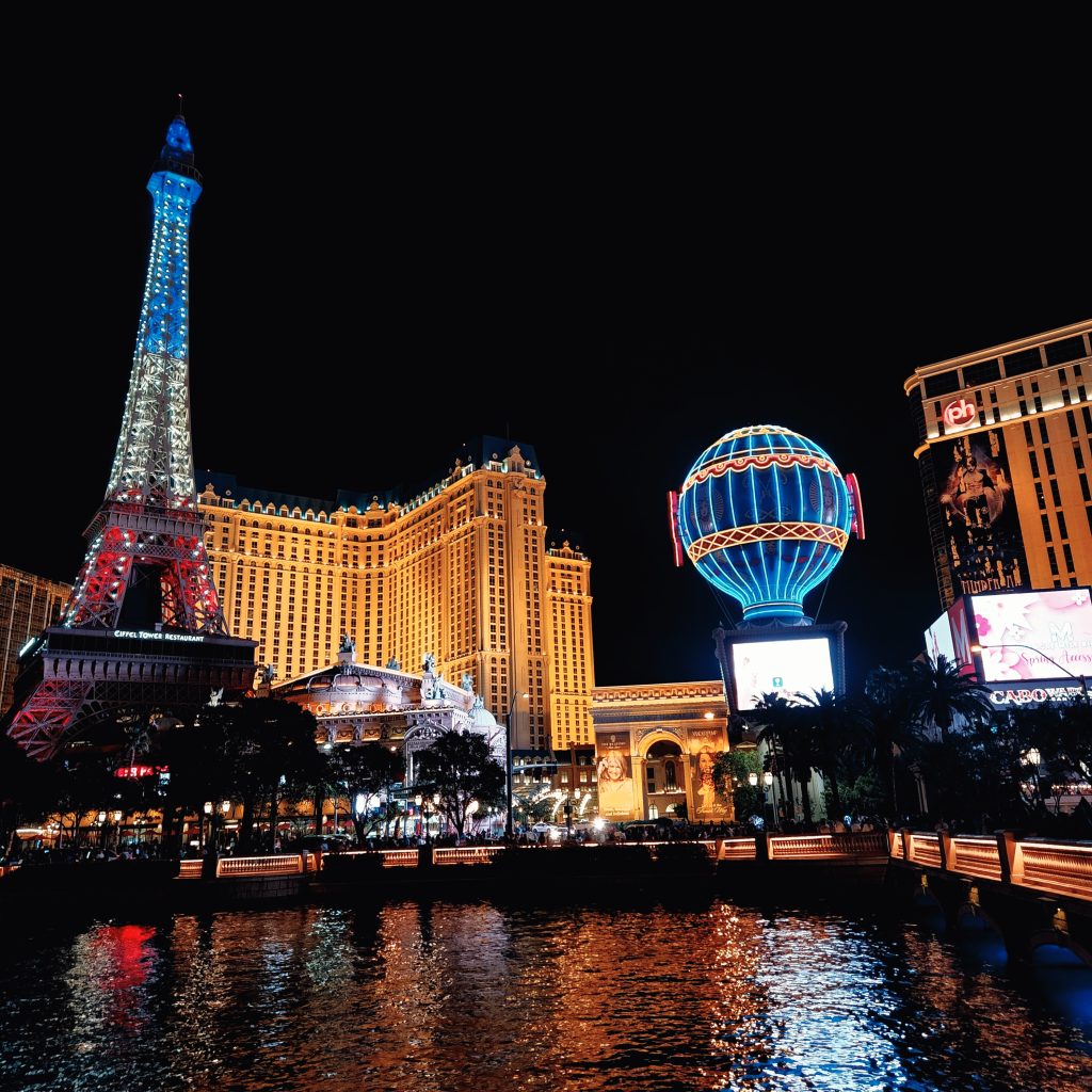The Strip in Las Vegas with the Eiffel tower and balloon