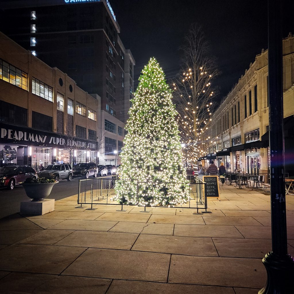 Downtown Asheville decorated foe christmas with giant tree