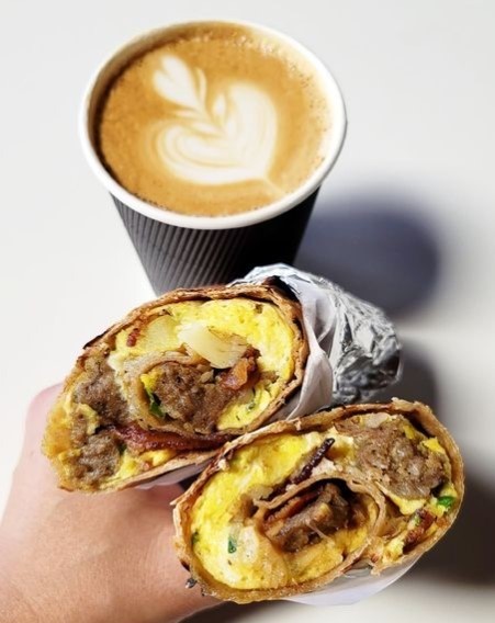 breakfast wrap and cappuccino