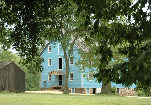 historical places: beautiful blue grist mill in new jersey