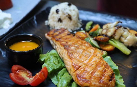 grilled salmon with wild rice and veggies at argo