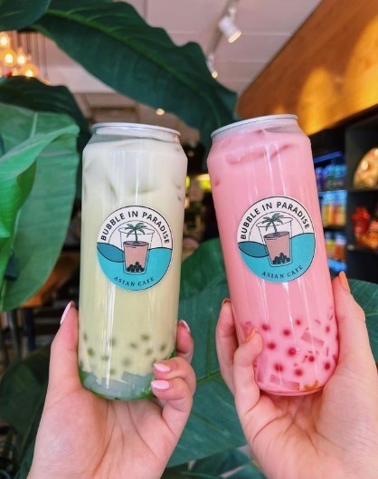 tropical bubble teas in green and pink with palm trees