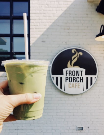 green iced coffee outside of front porch cafe in richmond virginia