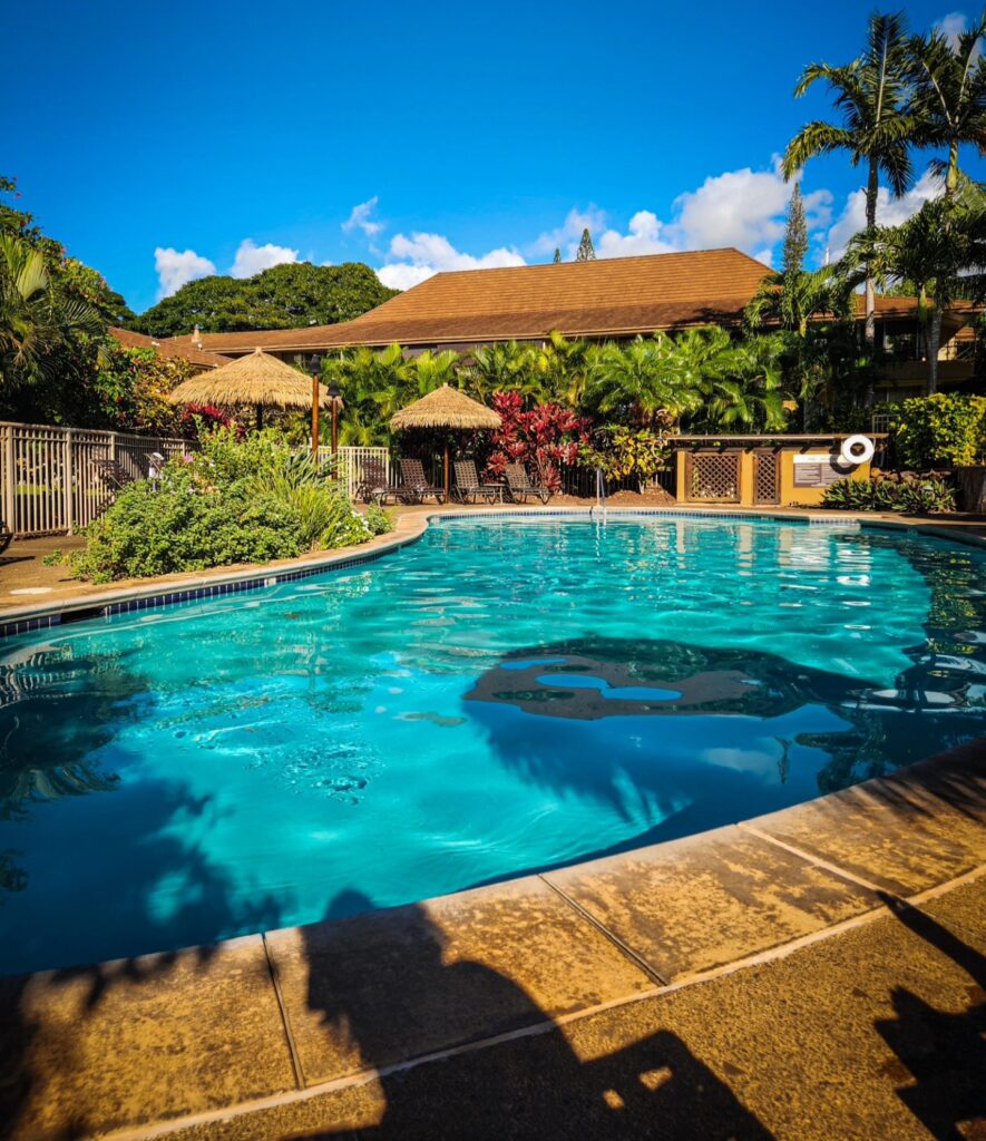 blue swimming pool in Maui resort