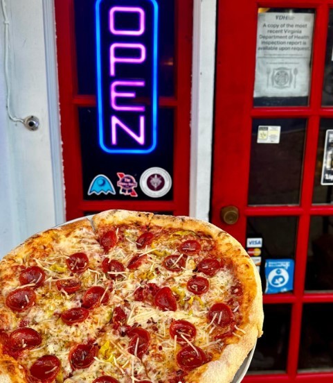 cheesy pepperoni pizza outside rivermont entrance