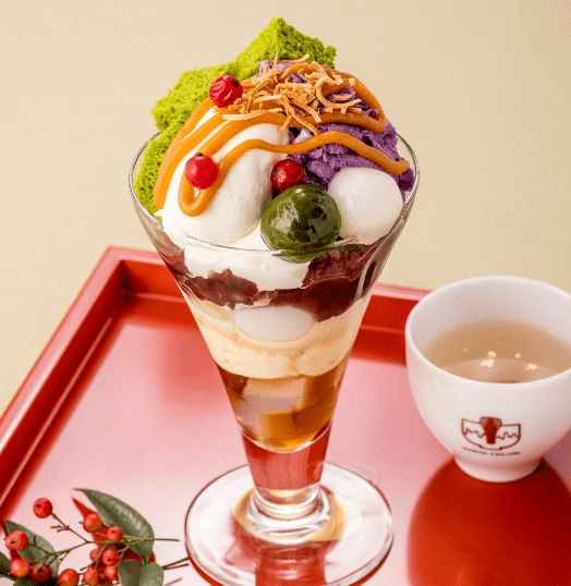 matcha with ice cream parfait on a red tray