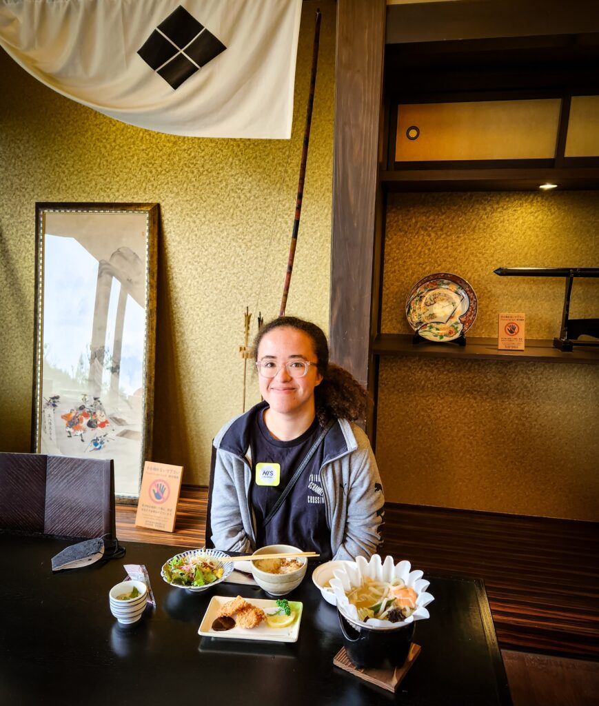 sitting inside traditional Japanese restaurant in the mountains with udon noodles, tonkatsu chicken, and rice.
