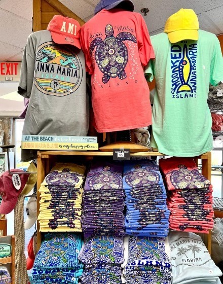 colorful anna maria island tshirt display in gift shop