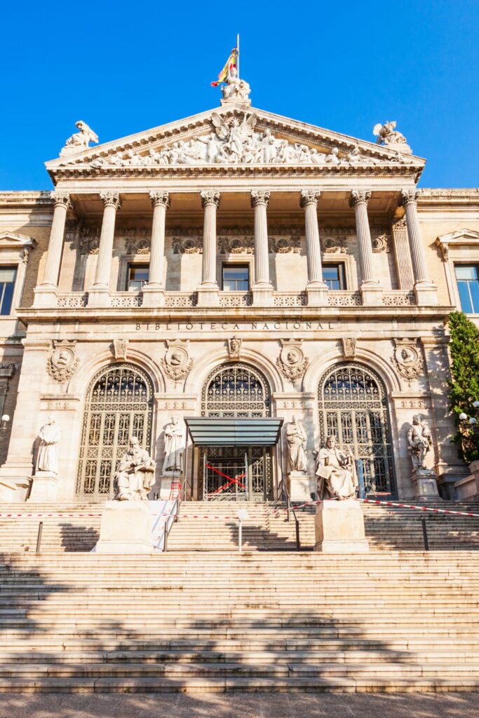 National Library of Spain with columns and flag