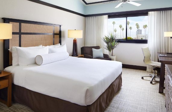 a boutique hotel in santa monica with a large bed and brown headboard with a window and palm trees outside.