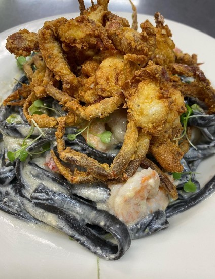 fried crab with pasta at lone cedar cafe