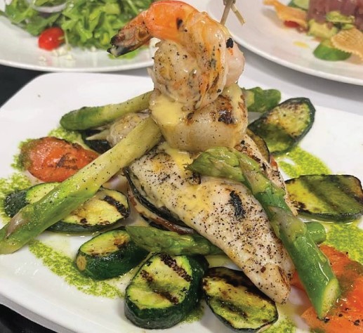 glazed fish with shrimp and roasted veggies at greek restaurant in nj