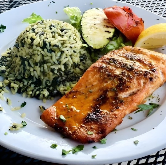 grilled salmon with rice and veggies at greek food place in nj