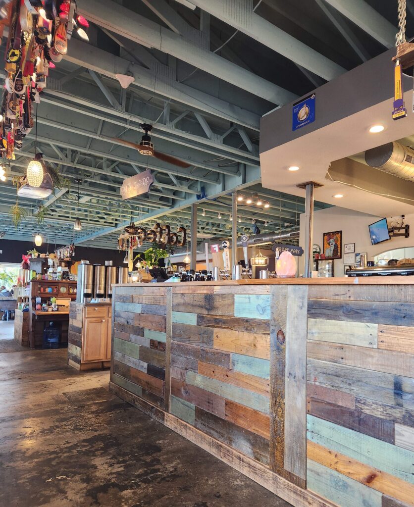 coastal and rustic interior of the waveriders cafe, deli, and market